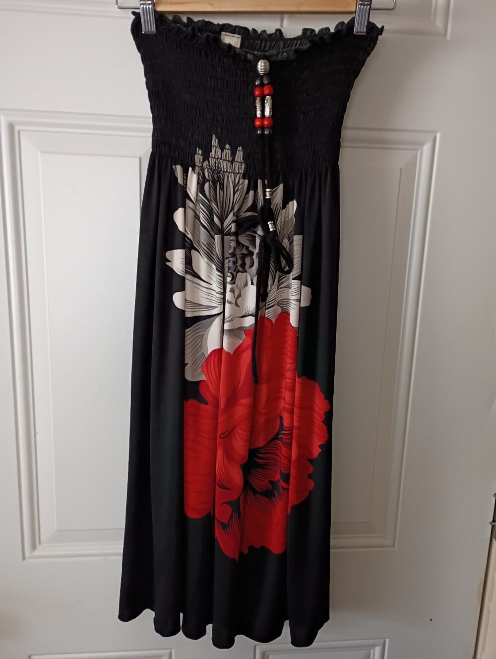 Black Strapless Midi Dress with Red Floral Print.Made by 1 2 3